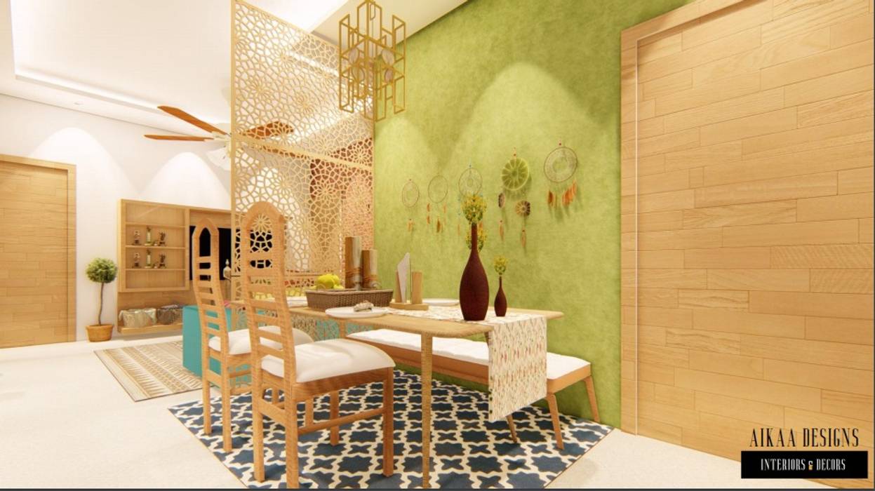 Bohemian Styled Premium Interiors for a 3 BHK at Bangalore, Aikaa Designs Aikaa Designs Country style dining room Plywood