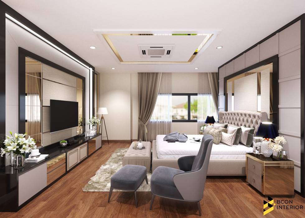 ผลงานการออกแบบบ้านพักอาศัย 2 ชั้น, Bcon Interior Bcon Interior Modern style bedroom Beds & headboards