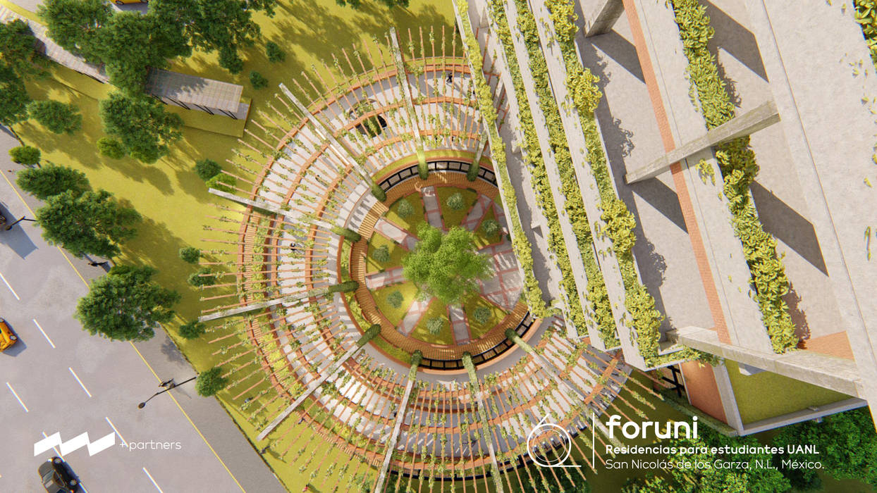 Vista 2 "FORUNI" Residencias para estudiantes la UANL (Anteproyecto) Well Arquitectura Jardines en la fachada Madera Acabado en madera