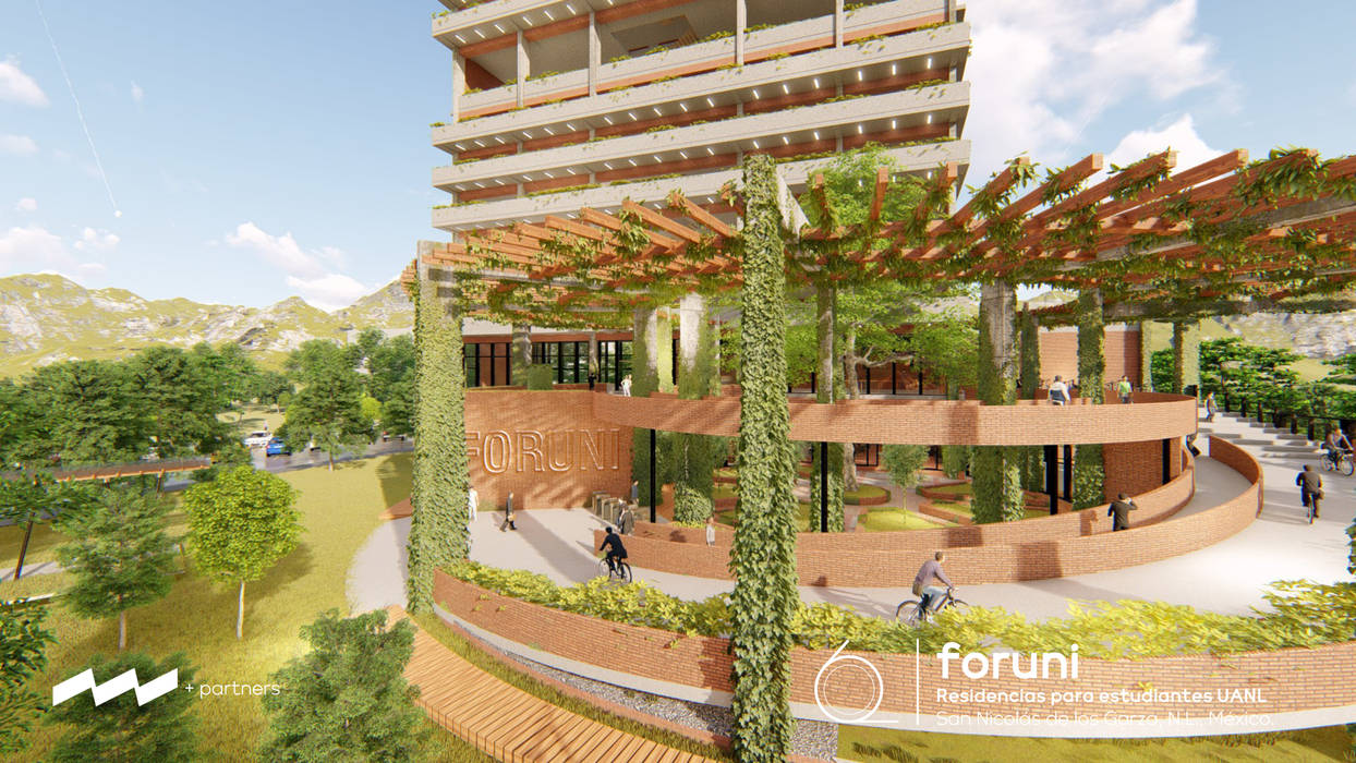 FORUNI Residencias para estudiantes de la UANL, Well Arquitectura Well Arquitectura Front yard Bricks