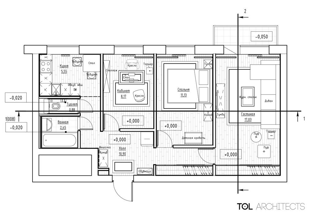 Трёхкомнатная квартира для молодой семьи на востоке Москвы., TOL architects TOL architects Yachts & jets