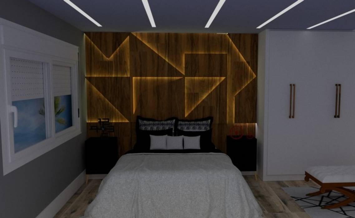 Quarto de casal com painel iluminado STUDIO SPECIALE - ARQUITETURA & INTERIORES Quartos pequenos Madeira Acabamento em madeira