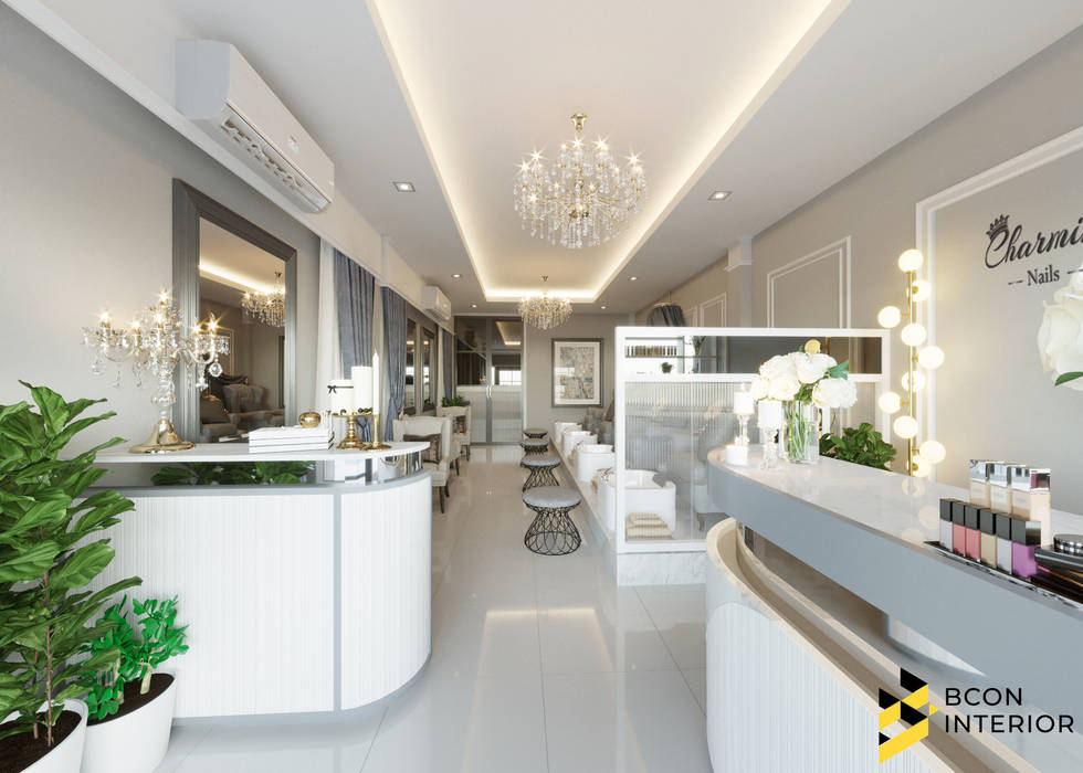 ผลงานการออกแบบร้านทำเล็บ คุณน้ำผึ้ง จ.ขอนแก่นค่ะ, Bcon Interior Bcon Interior Ogród wewnętrzny Zieleń wewnątrz