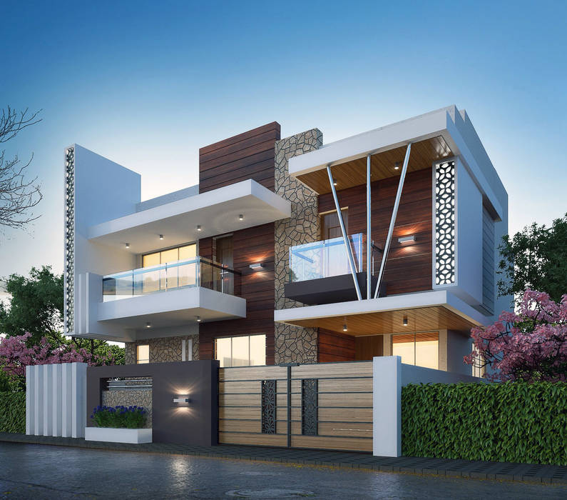 residential banglow Nirav Design Bungalows Solid Wood Multicolored brickstone house