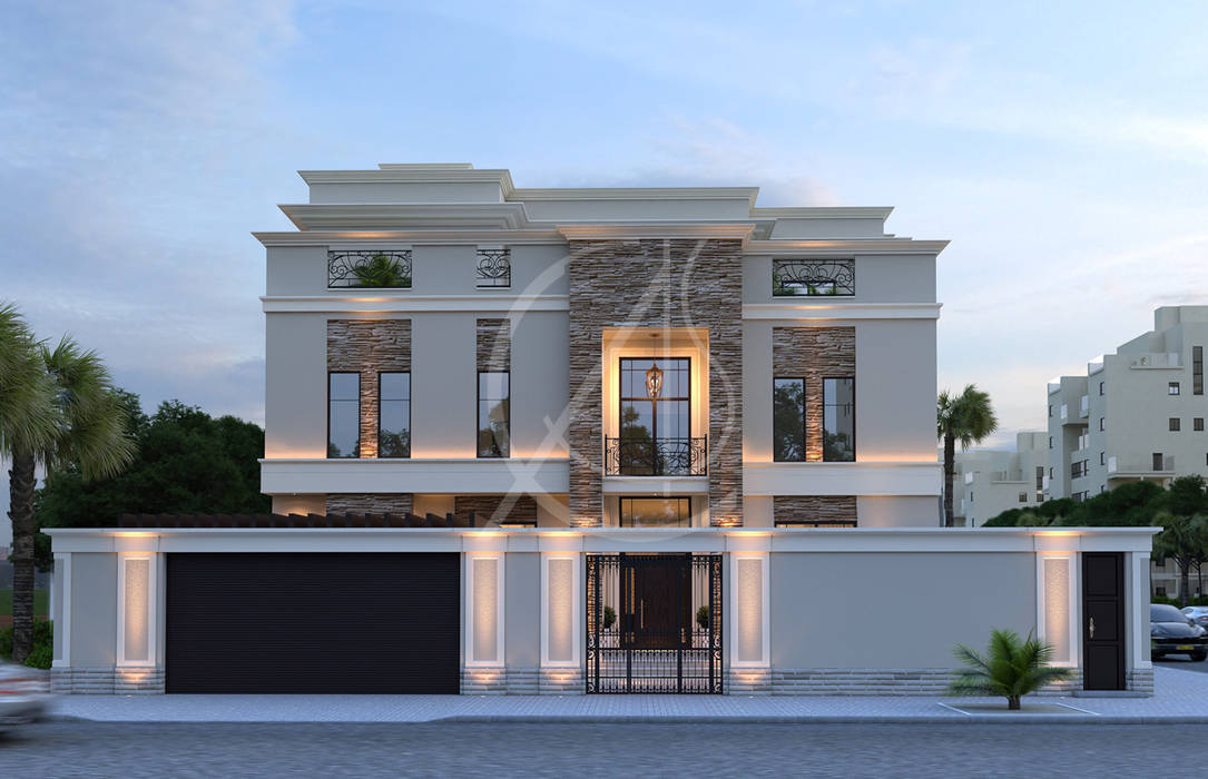 homify فيلا modern,facade,exterior design,stone cladding,white villa,luxury house,wrought iron gate