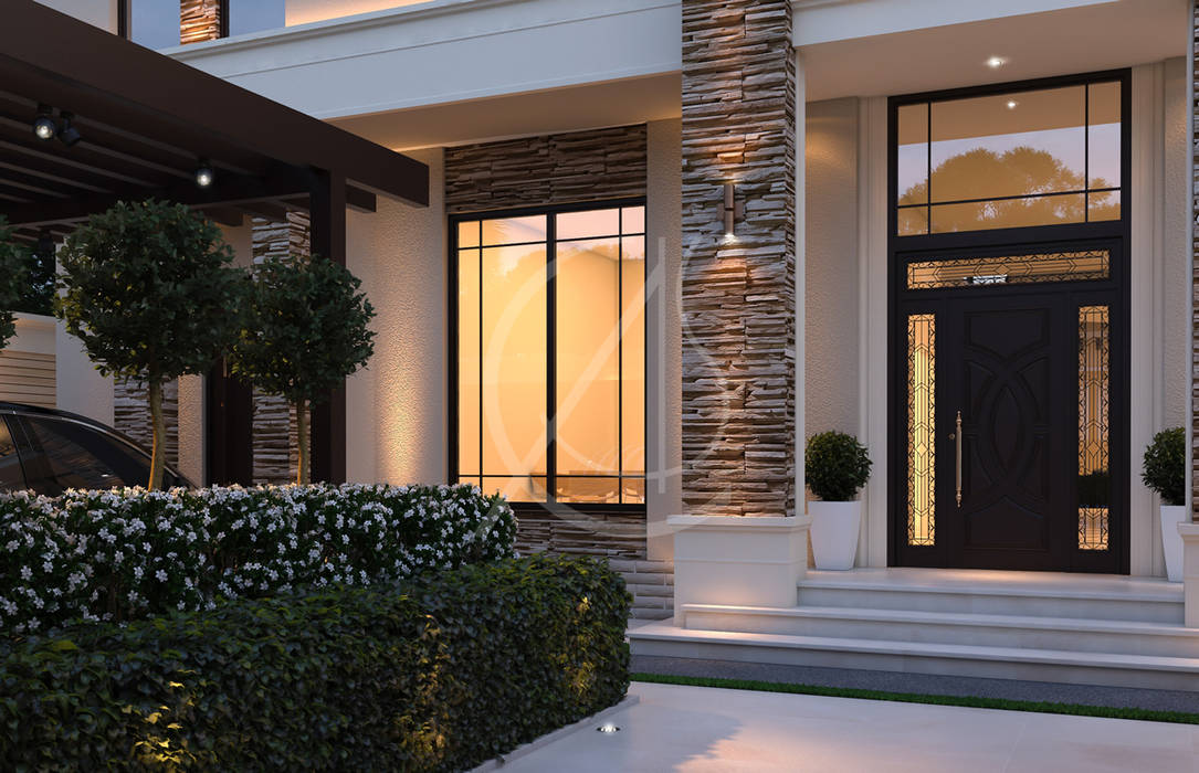 homify Front doors modern house,classic house,front yard,modern landscape,stone cladding,black door,entrance,driveway