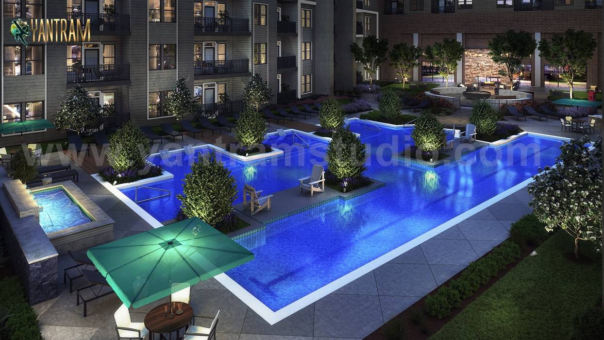 Courtyard Landscape Night lighting Pool View Design Ideas of architectural rendering studio by 3D Architectural Design, Brussels – Belgium Yantram Animation Studio Corporation Piscinas naturales exterior,landscaping,night,light,pool view,designer,visualisation,rendering,company,modeling
