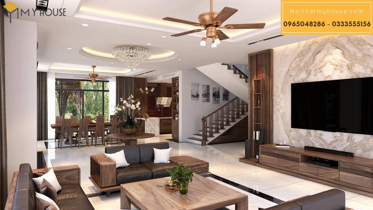 Mẫu thiết kế biệt thự gỗ óc chó, Nội Thất My House Nội Thất My House Modern living room Solid Wood Multicolored