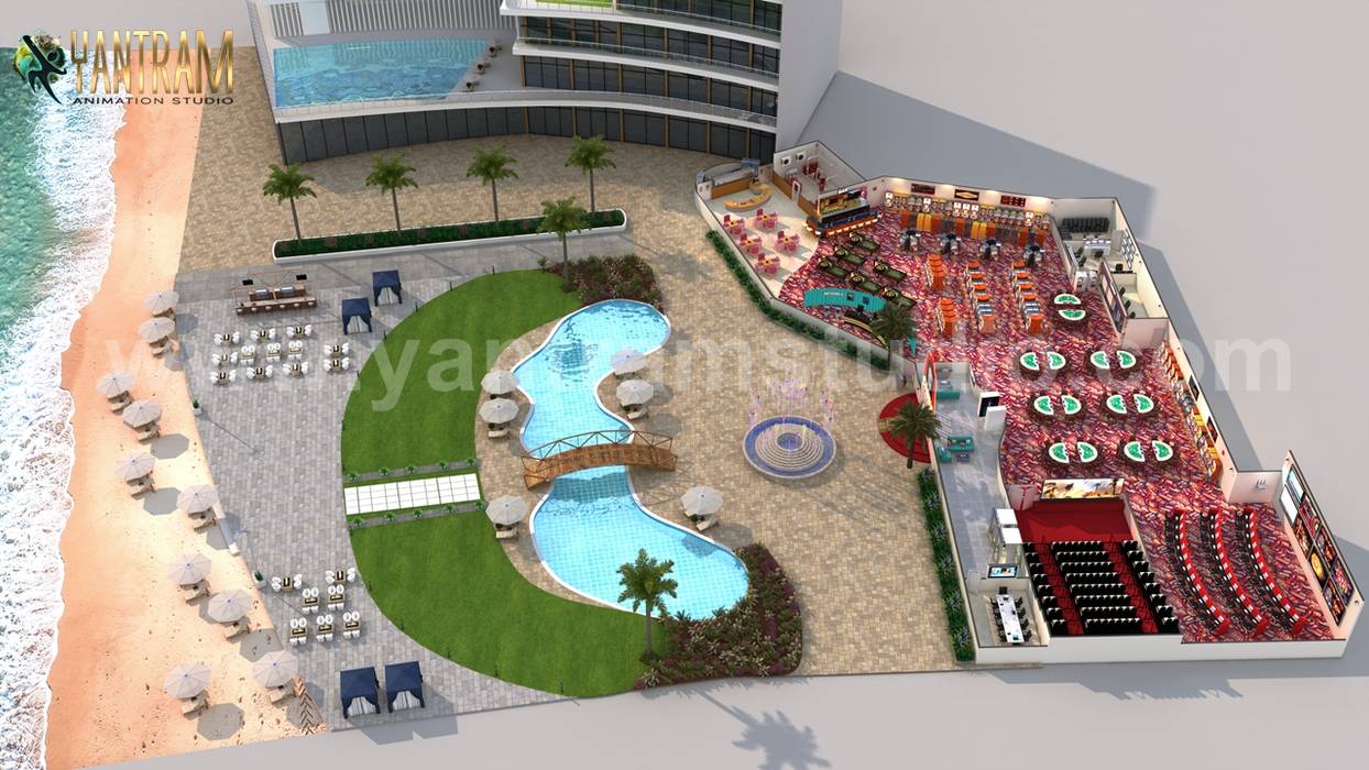 Gorgeous Game Zone with Beach side Swimming Pool 3D Floor Plan Concept by Architectural Animation Studio, Paris – France Yantram Animation Studio Corporation أرضيات interior,floorplan,container house,virtualfloor,design,ideas,concept,modeling,Firm,Architectural,Company