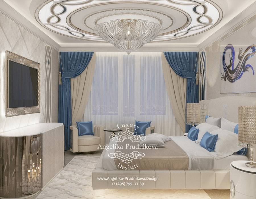 Дизайн-проект интерьера спальни в стиле ар-деко в голубых оттенках в ЖК Дубровка Дизайн-студия элитных интерьеров Анжелики Прудниковой Спальня в классическом стиле