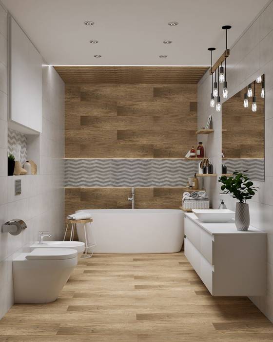 Imitacja drewna na ścianie i podłodze w łazience Domni.pl - Portal & Sklep Klasyczna łazienka Ceramiczny łazienkowa podłoga