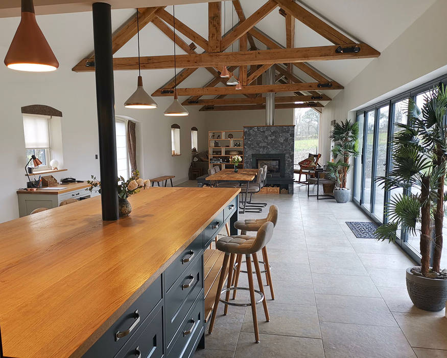 Open-plan kitchen dining and lounge view with exposed beams and pitched ceiling WALK INTERIOR ARCHITECTURE + DESIGN Country style kitchen