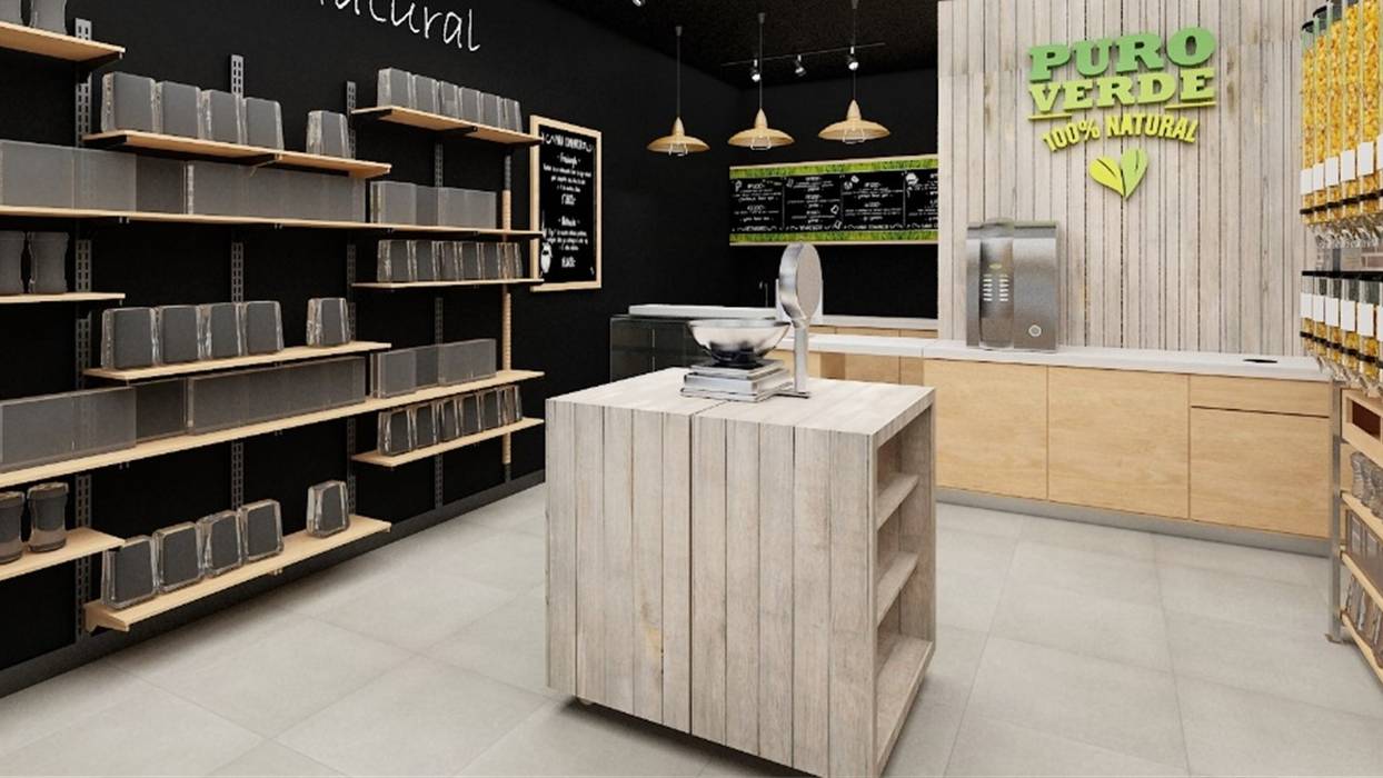 Modelo 3D para Café Vegano Puro Verde, AUTANA estudio AUTANA estudio Espacios comerciales Madera Acabado en madera retail,moderno,casa contenedor,diseño,mobiliario modular,Oficinas y Comercios