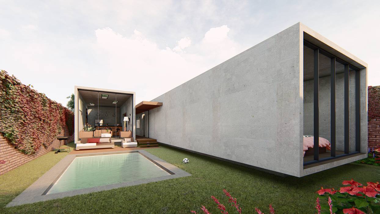 A´rea social de piscina y terraza homify Balcones y terrazas modernos Concreto concreto,pasto,piscina,iluminación,terraza,descanso