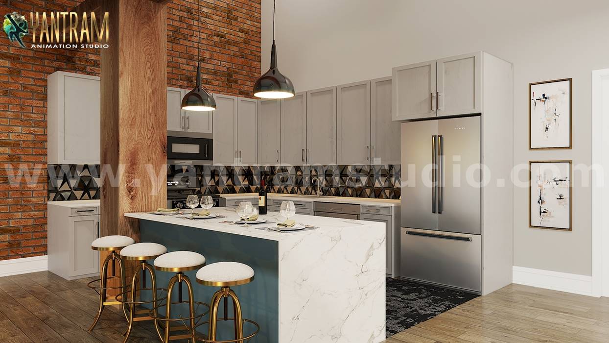 Modern kitchen 3d interior design ideas by architectural design studio, Toronto – Canada Yantram Animation Studio Corporation Modern style kitchen kitchen,interior,design,ideas,breakfast,table,fridge,pendent,modeling,firms,design.