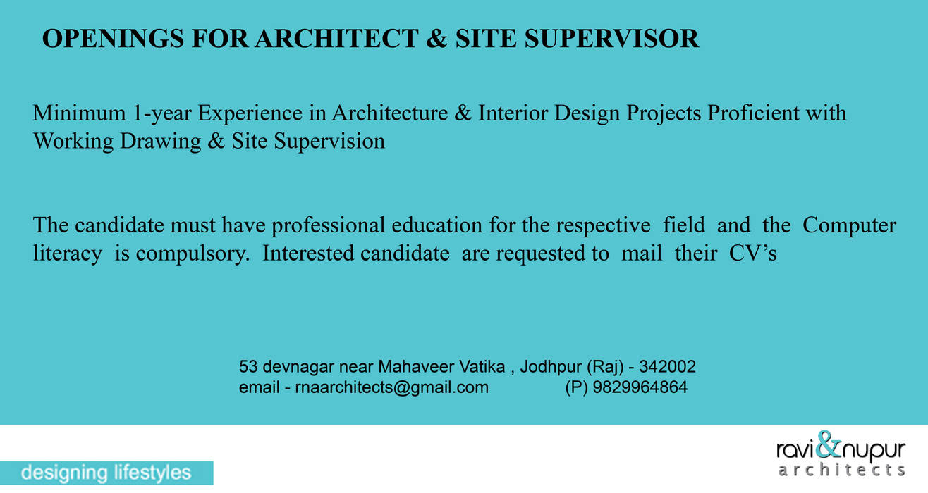 Job Openings, RAVI - NUPUR ARCHITECTS RAVI - NUPUR ARCHITECTS Cabañas Piedra