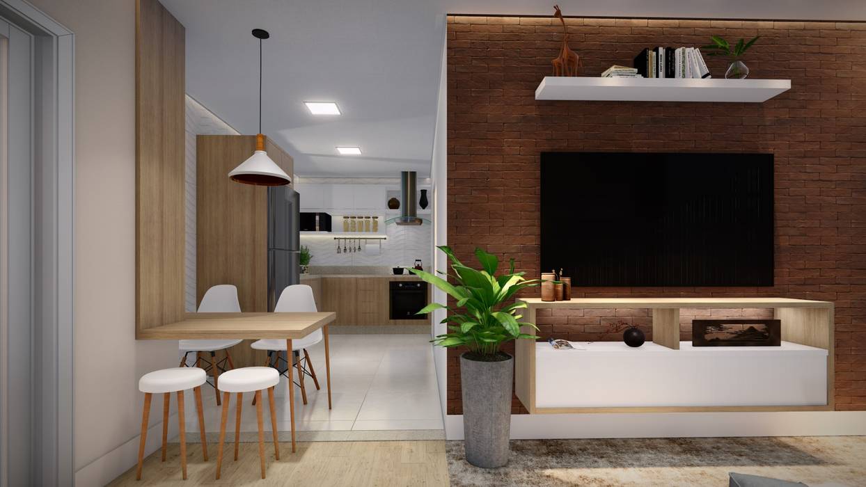 Sala Integrada com Cozinha , Studio MP Interiores Studio MP Interiores Modern Living Room Bricks