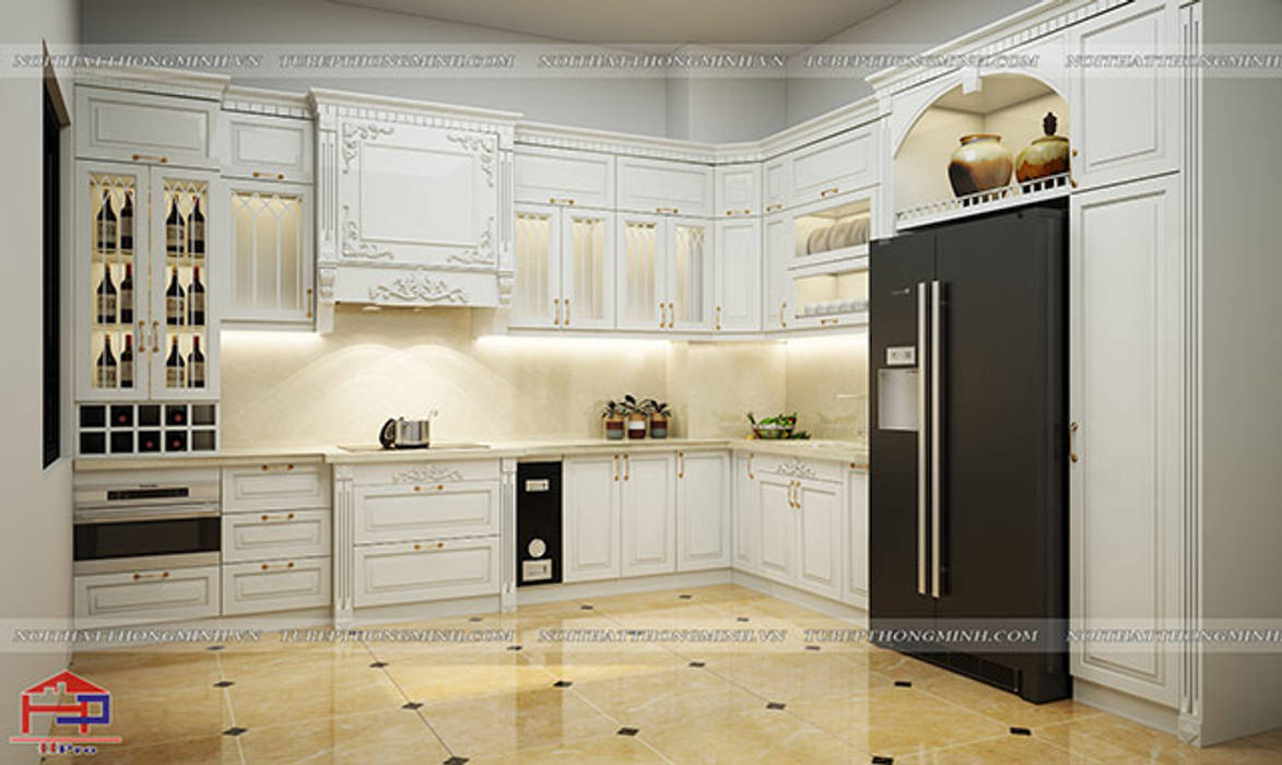 Hình ảnh thiết kế 3D bộ tủ bếp tân cổ điển nhà anh Linh - Thanh Hóa Nội thất Hpro Nhà bếp phong cách Bắc Âu tủ bếp tân cổ điển,tu bep tan co dien,tủ bếp MDF lõi xanh,tủ bếp màu trắng,