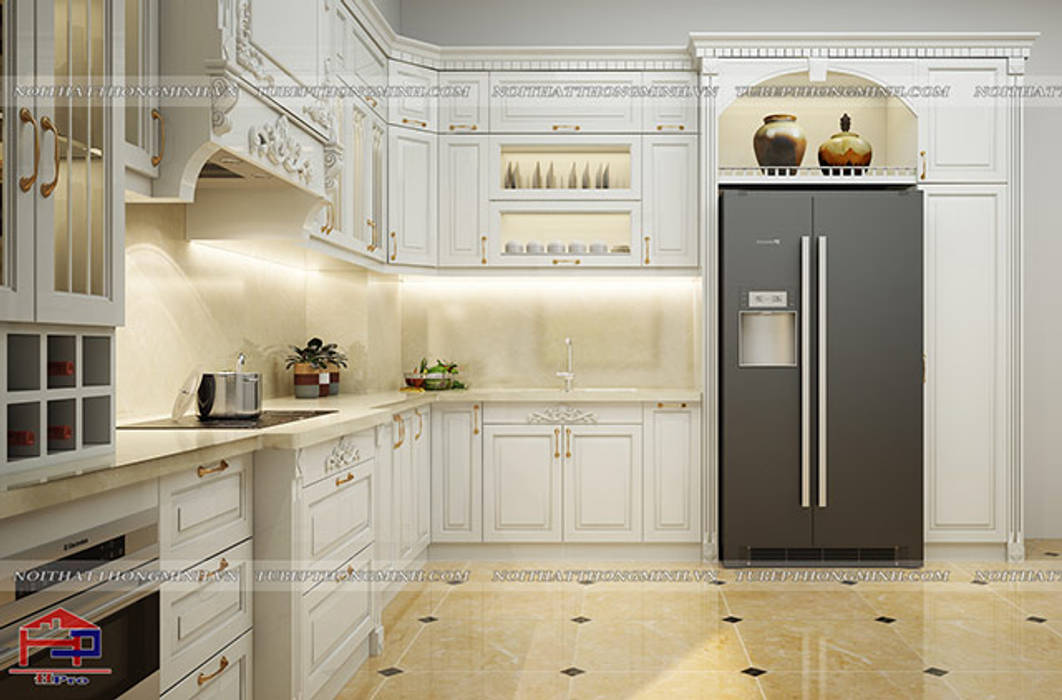 Hình ảnh thiết kế 3D mẫu tủ bếp tân cổ điển nhà anh Linh - Thanh Hóa Nội thất Hpro Nhà bếp phong cách Bắc Âu tủ bếp tân cổ điển,tủ bếp mdf lõi xanh,tủ bếp màu trắng,tu bep tan co dien,