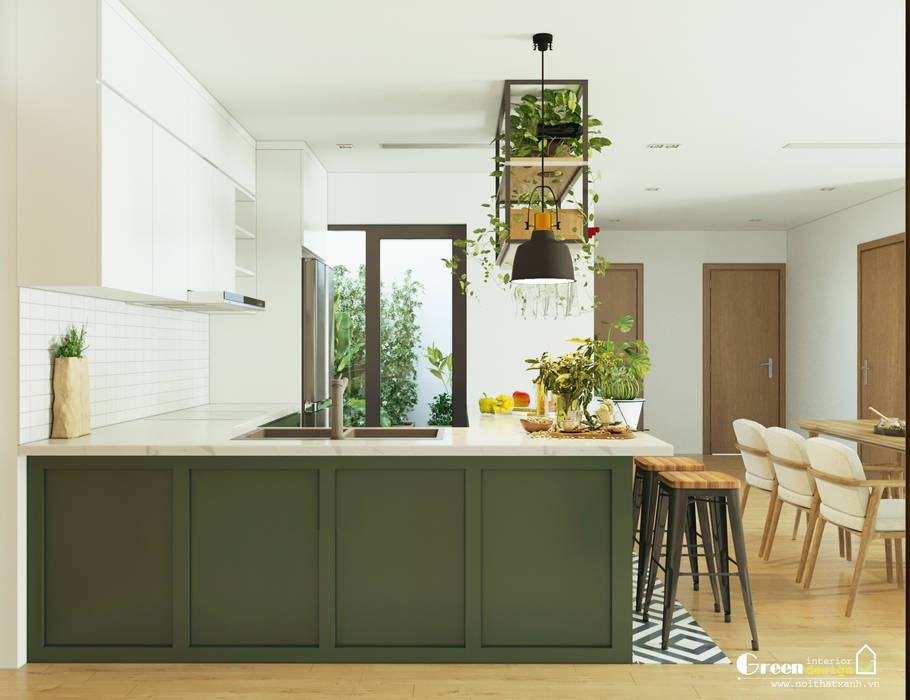 RỪNG MƯA NHIỆT ĐỚI – CĂN HỘ SEASONS AVENUE KHOE SẮC NGÀY HÈ, Green Interior Green Interior Nhà bếp phong cách hiện đại Cabinets & shelves