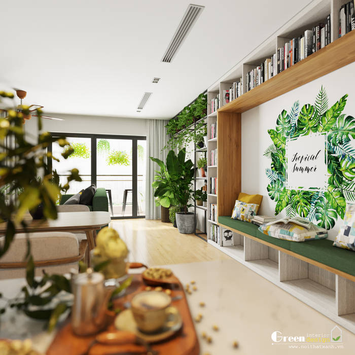 RỪNG MƯA NHIỆT ĐỚI – CĂN HỘ SEASONS AVENUE KHOE SẮC NGÀY HÈ, Green Interior Green Interior Phòng khách Shelves