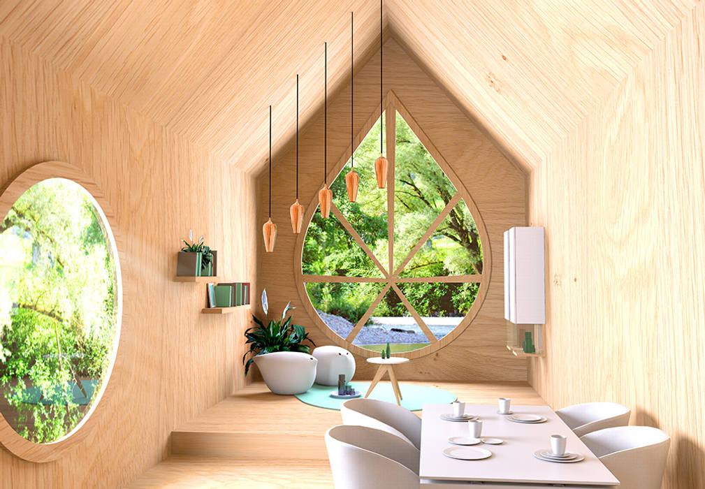 Lichtdurchflutetes Interiordesign bei Tag, Ess- und Wohnbereich Nora Werner Design Minimalistische Esszimmer Holz Holznachbildung Tiny House,minimal,modern,interior