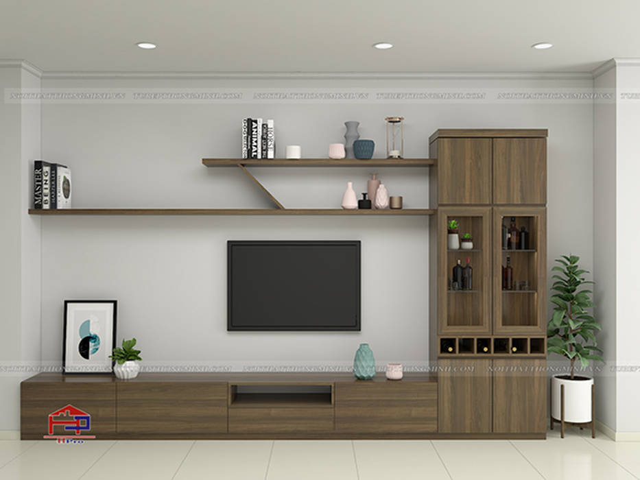 Hình ảnh thiết kế 3D kệ tivi và tủ trang trí trong phòng khách nhà anh Hòa - Lạng Sơn Nội thất Hpro Phòng khách tủ trang trí,nội thất gỗ melamine,kệ tivi melamine,tủ rượu melamine,