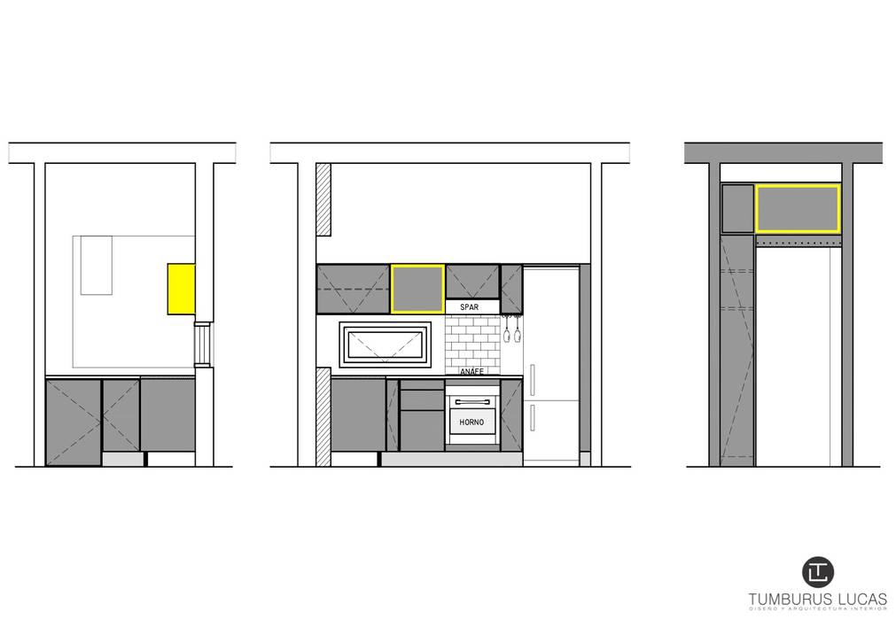 Corte - Vista | Mobiliario Tumburus Lucas - Diseño y Arquitectura Interior Cocinas pequeñas Madera Acabado en madera