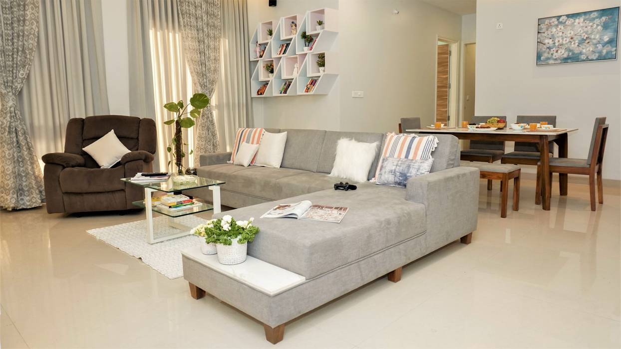3BHK, Raheja Vistas, NIBM road, Design Evolution Lab Design Evolution Lab Minimalist living room Table,Picture frame,Couch,Furniture,Plant,Comfort,Interior design,studio couch,Houseplant,Grey