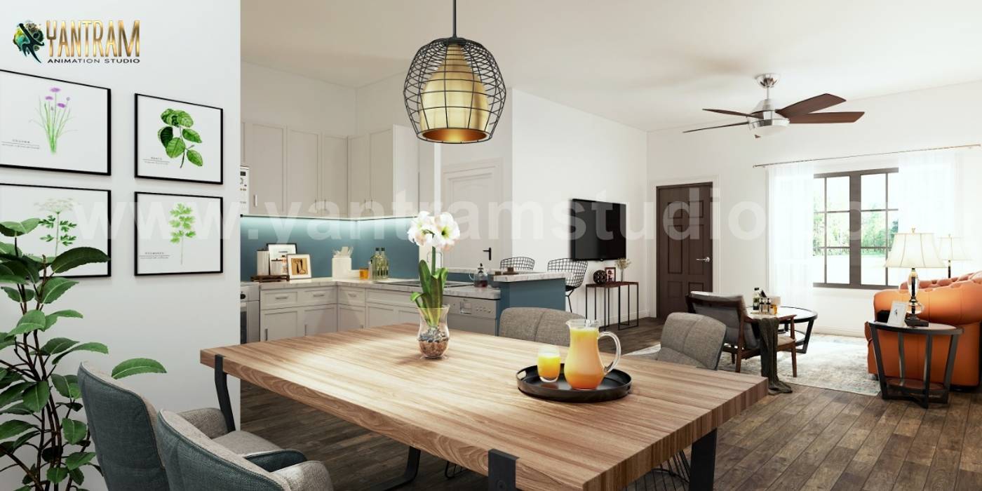 Contemporary Open Style kitchen 3D Interior Trends by Architectural Rendering Company, London – UK Yantram Animation Studio Corporation Small kitchens kitchen,wall painting,interior,design,ideas,dining area,white stone tiles