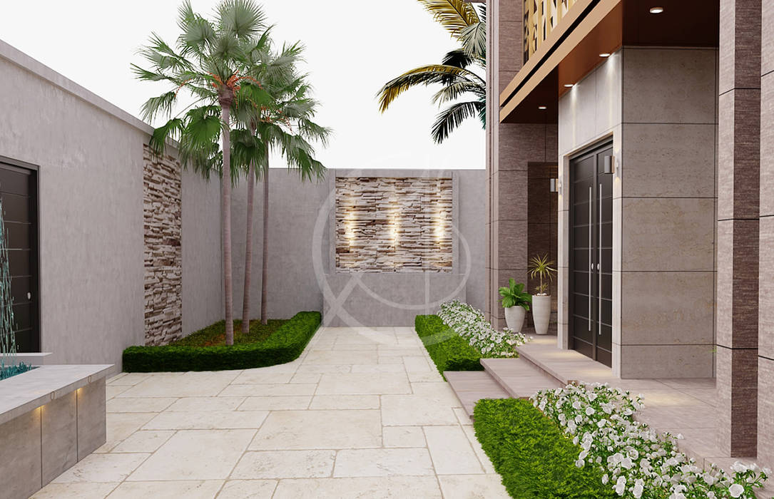 homify Halaman depan modern facade design,modern house design,modern exterior,modern landscape,front yard,entrance,travertine,stone tiles