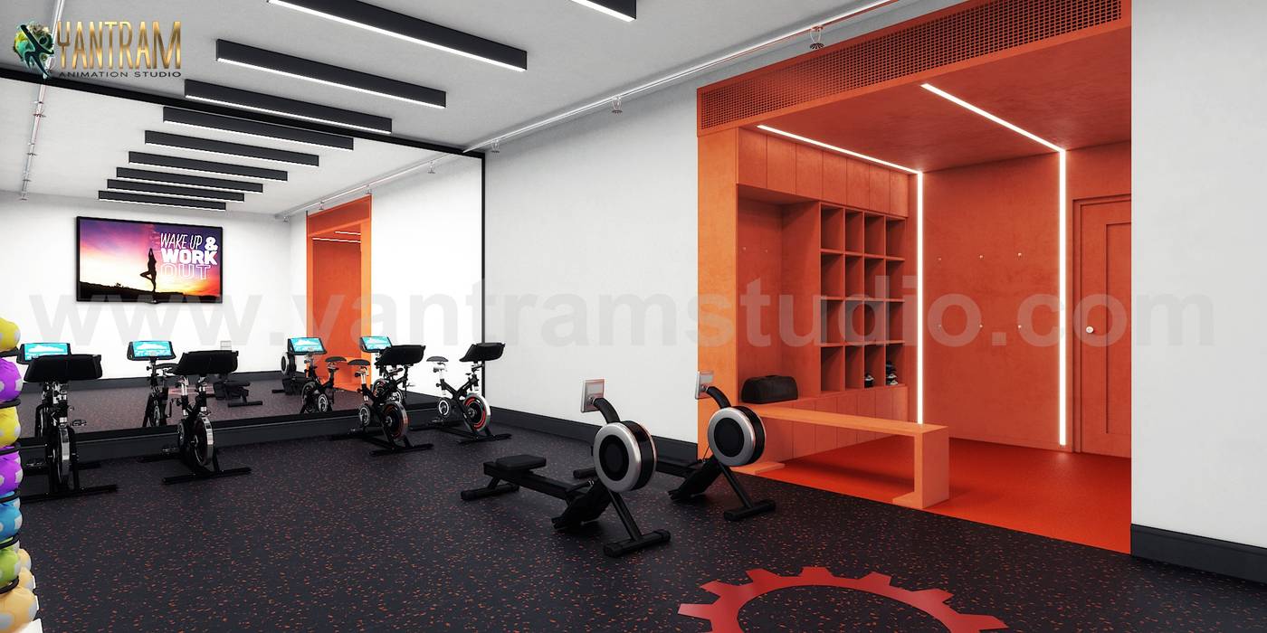 kommerzielle Fitness GYM 3D Interior Rendering-Ideen von Architectural Rendering Companies, Yantram Architectural design studio Yantram Architectural design studio صالة الرياضة