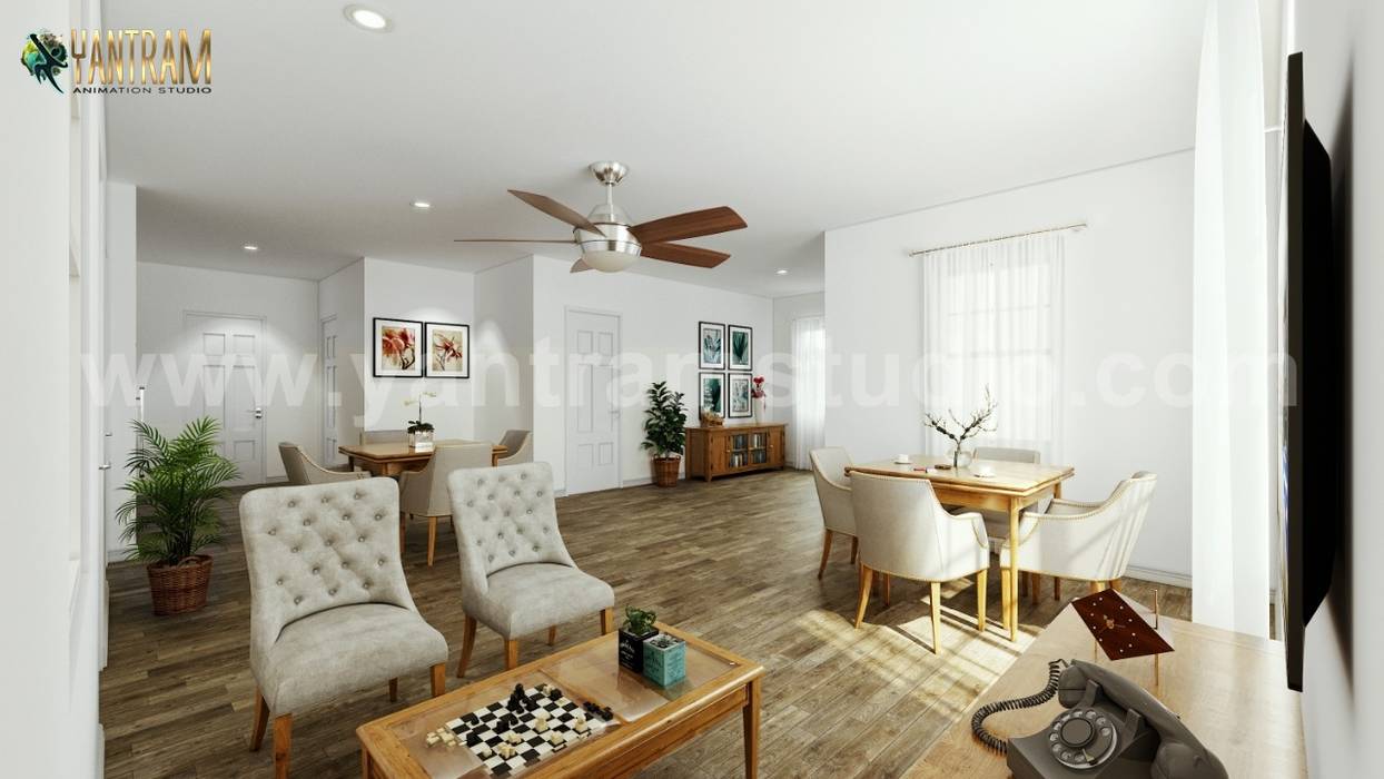 Modern residential living room with dining area of ...