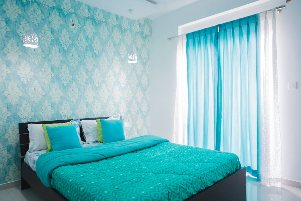 Masterbed Room with cool blue wallpaper HomeLane.com Small bedroom Bedroom