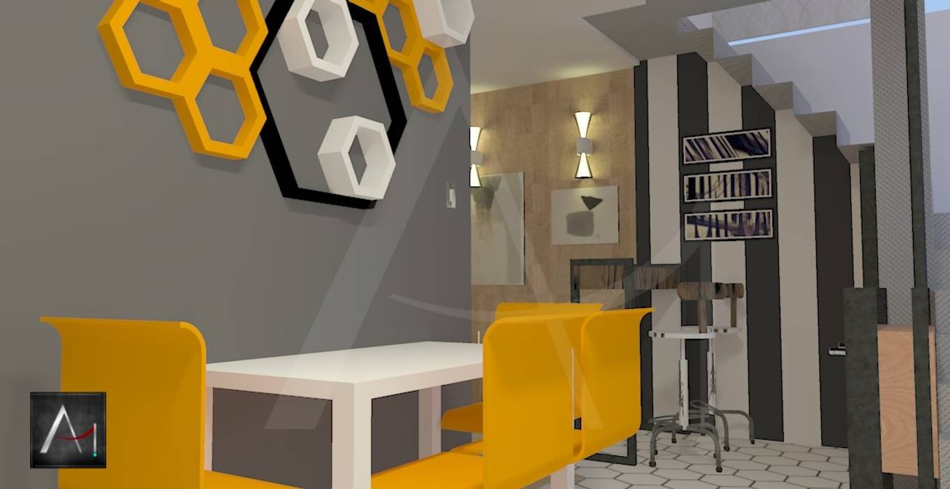 Mesa de refeição e bar Anny Maciel Interiores - Casa Cor de Riso Cozinhas modernas Derivados de madeira Transparente home bar,nichos hexagonais,ferro e madeira,cortiça,branco,cinza,preto,amarelo,bar,tiny house