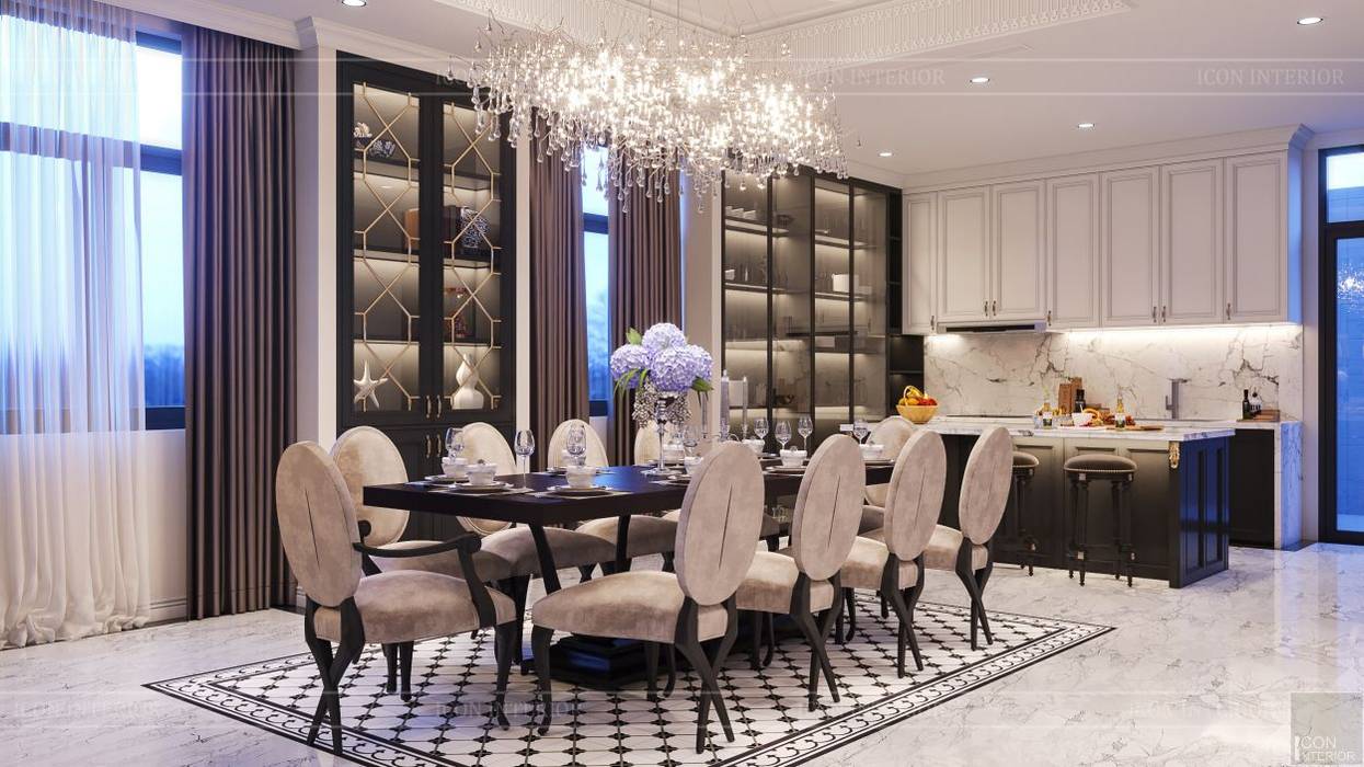 THIẾT KẾ BIỆT THỰ TÂN CỔ ĐIỂN VỚI PHÒNG KHÁCH - BẾP LIÊN THÔNG, ICON INTERIOR ICON INTERIOR Dining room