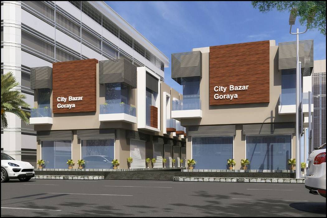 Front Elevation View Square Design Commercial Spaces Bricks Beige Homify