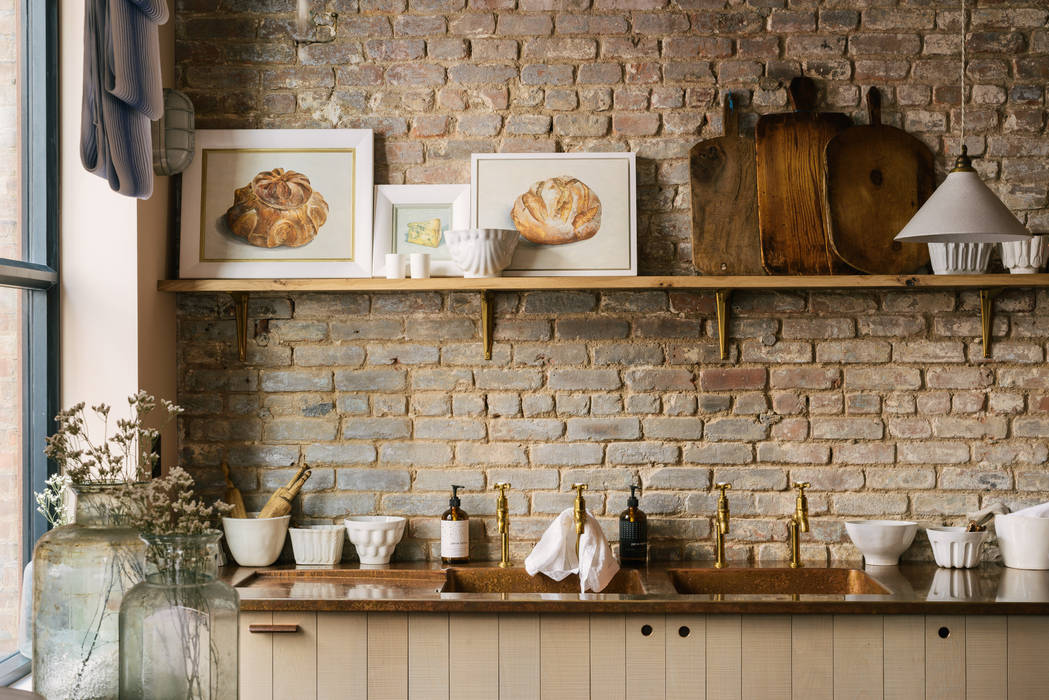 The Potting Shed in Manhattan deVOL Kitchens Kitchen Solid Wood Multicolored devol,exposed brick,copper sink,copper worktop,aged copper,open shelf,beech