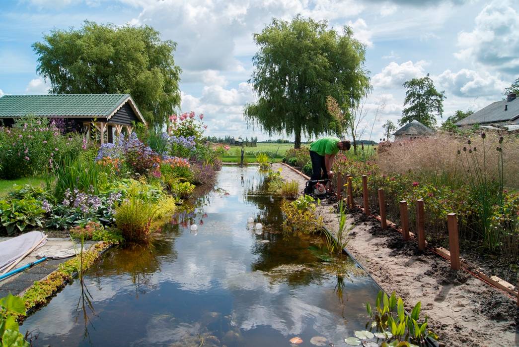 Uitzicht op polder over vijver. De Tuinregisseurs Vijver Wolk,Plant,Water,Lucht,Watervoorraden,Plantengemeenschap,Bloem,Boom,Natuurlijk landschap,vegetatie