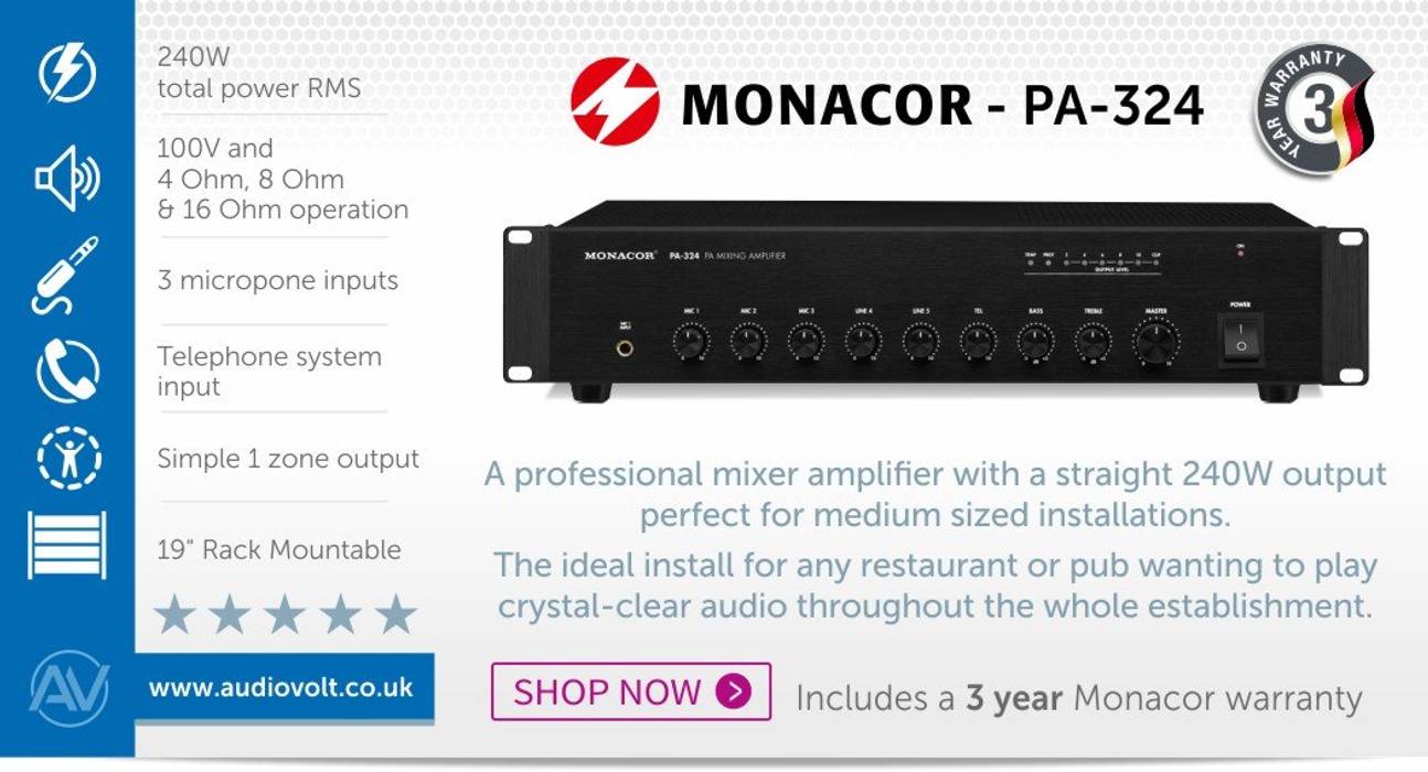 Monacor PA-324 240w 100V Line PA Mixing Amplifier Audio Volt