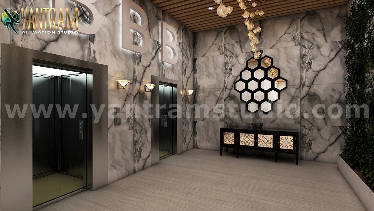 White marble modern elevator Lobby Design by 3d interior rendering by Architectural Animation Studio, New York - USA Yantram Animation Studio Corporation Classic style corridor, hallway and stairs elevator,lobby,interior,exterior,360,panoramic,virtual tour,design