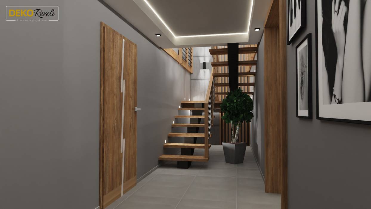 Projekt salon parter klatka schodową i drugi salon na piętrze , Dekoreveli Pracownia Projektowa Dekoreveli Pracownia Projektowa Schody