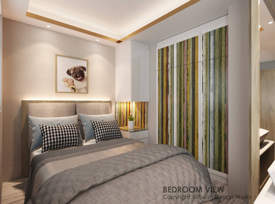 Bedroom Swish Design Works Small bedroom Plywood bedroom,wardrobe,covelight,bedside table,bedhead,L-box,false ceiling,vinyl,flooring,hdb,flat,bto