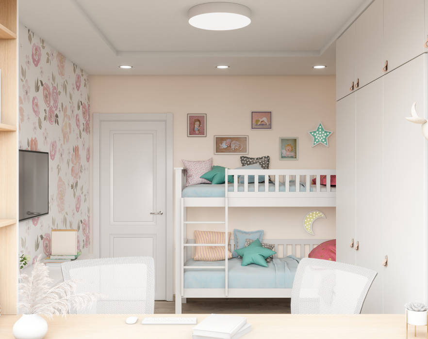 Дизайн - проект двухкомнатной квартиры 53,5 кв.м. в г. Москве, CUBE INTERIOR CUBE INTERIOR Спальни для девочек