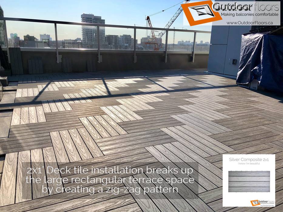 Sunlight gives false appearance of two different tiles however, it's simply just contrast playing eye kandy games Outdoor Floors Toronto Modern terrace Sky,Wood,Asphalt,Floor,Road surface,Shade,Flooring,Urban design,Fence,Wall