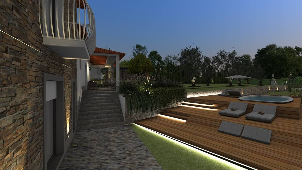 Design de interiores, projeto da área da piscina, garagem e churrasqueira em Casa de Campo, Form Arquitetura e Design Form Arquitetura e Design مسبح حديقة