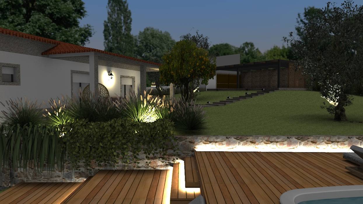 Design de interiores, projeto da área da piscina, garagem e churrasqueira em Casa de Campo, Form Arquitetura e Design Form Arquitetura e Design Front garden