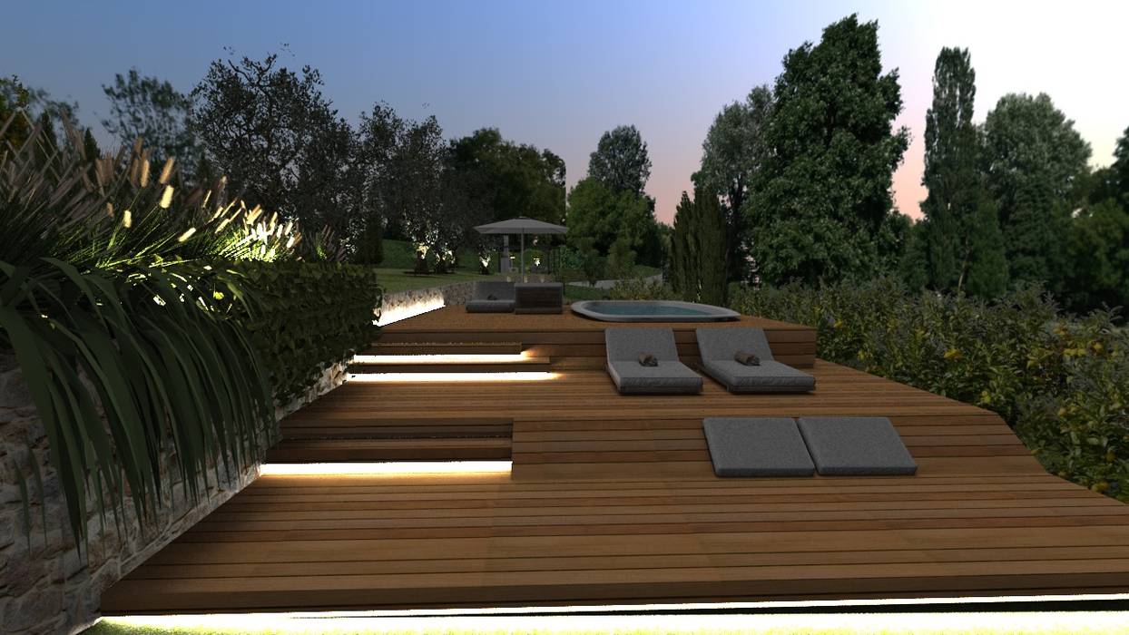 Vista da piscina Form Arquitetura e Design Piscinas de jardim iluminação de piso,iluminação,piscina,deck,contemporâneo