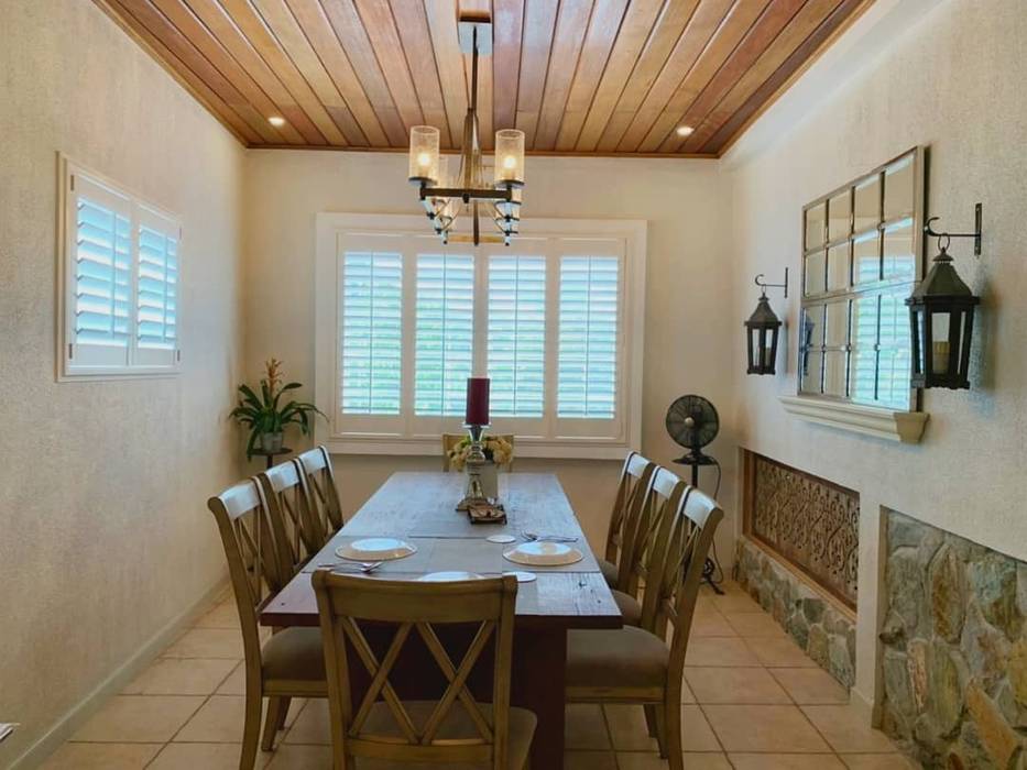 uPVC Plantation Window Shutters on Dining Room LouverWise Inc Country style dining room Plantation,Shutters,Window Shutters,Plantation Shutters,uPVC,White,Curtains,Blinds