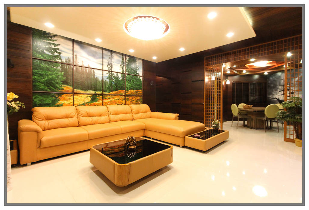Living Area AARAYISHH Classic style living room Conceptual Designs, Leather sofa, wooden Partition, contemporary design